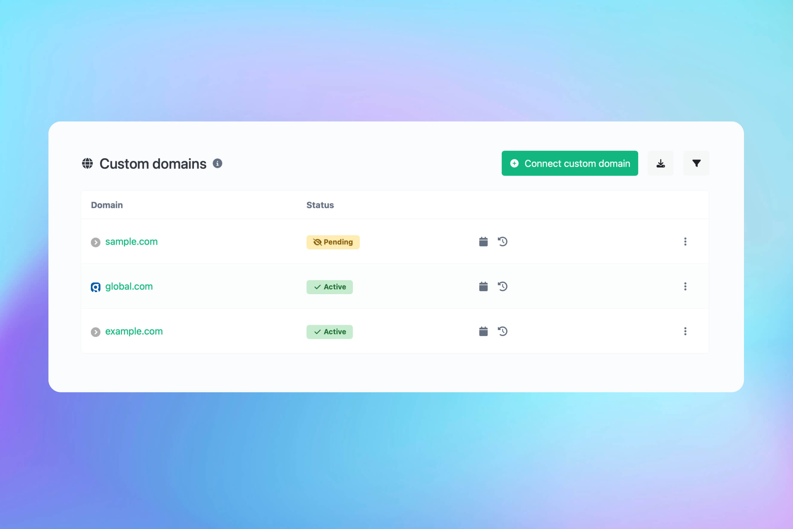 Screenshot of the app custom domains page